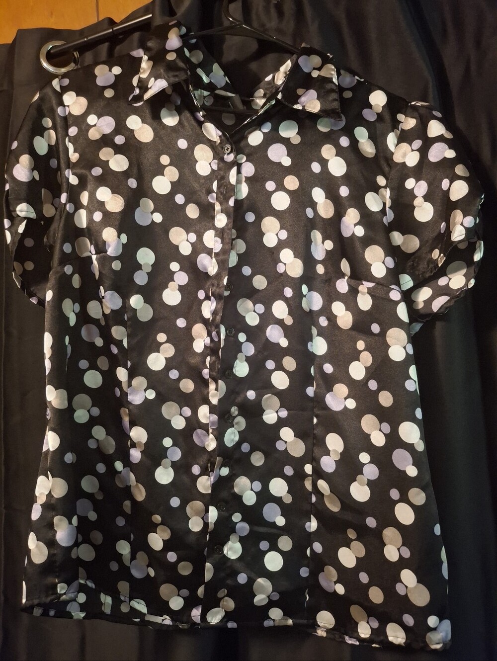Lane Bryant Black Short-Sleeve Button-Down with Pastel Polka Dots